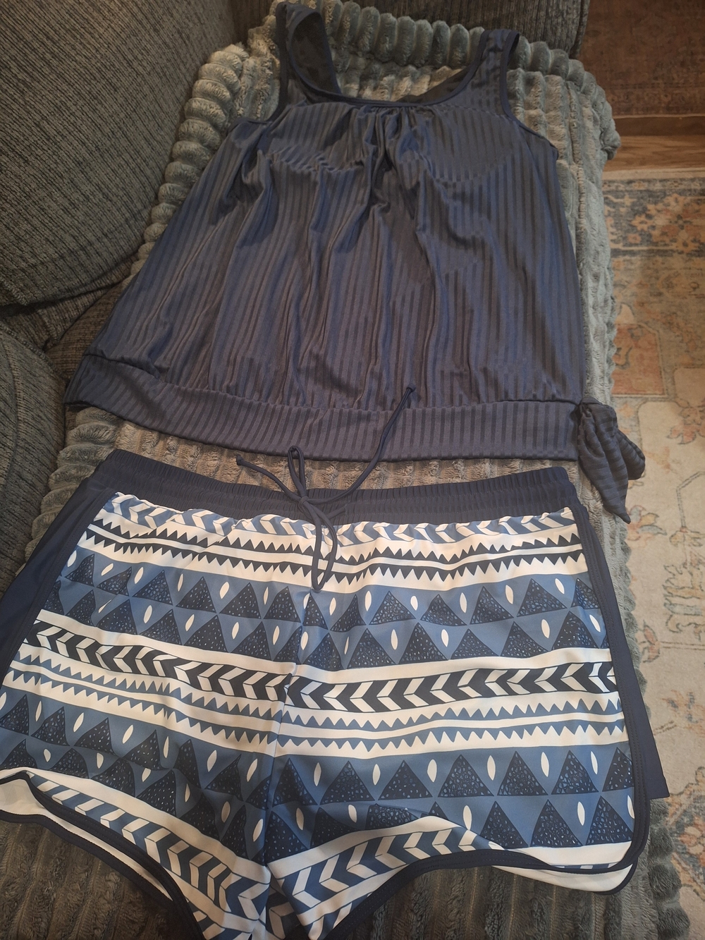 Women’s Navy Blue Tankini Set with Patterned Swim Shorts
